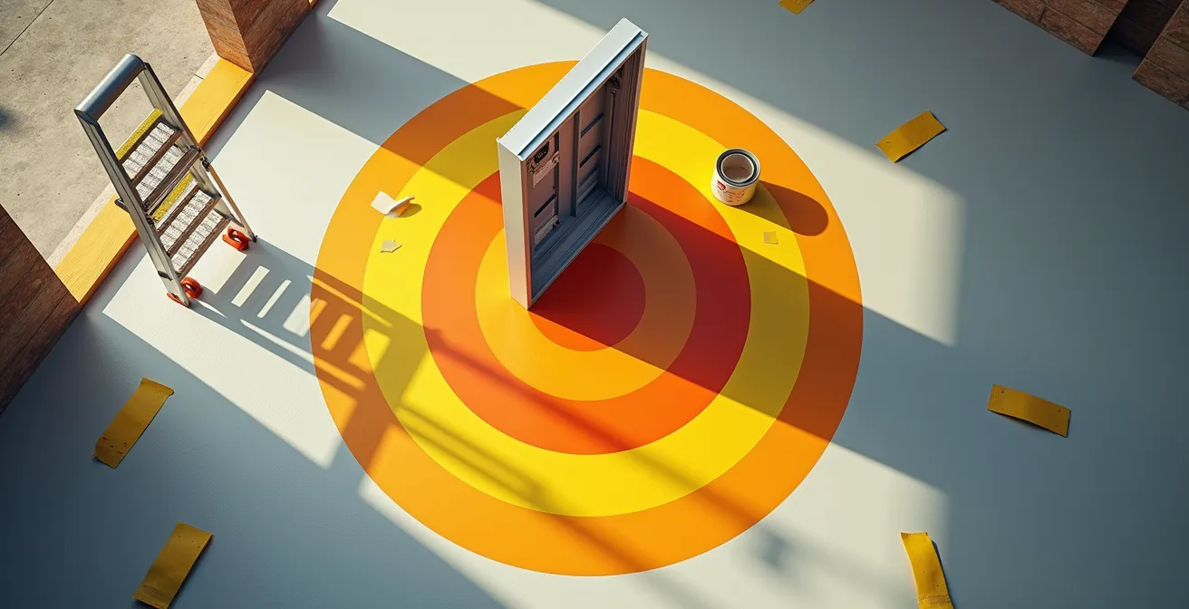 Représentation visuelle des zones de sécurité électrique autour d'une installation, avec un peintre respectant les distances réglementaires